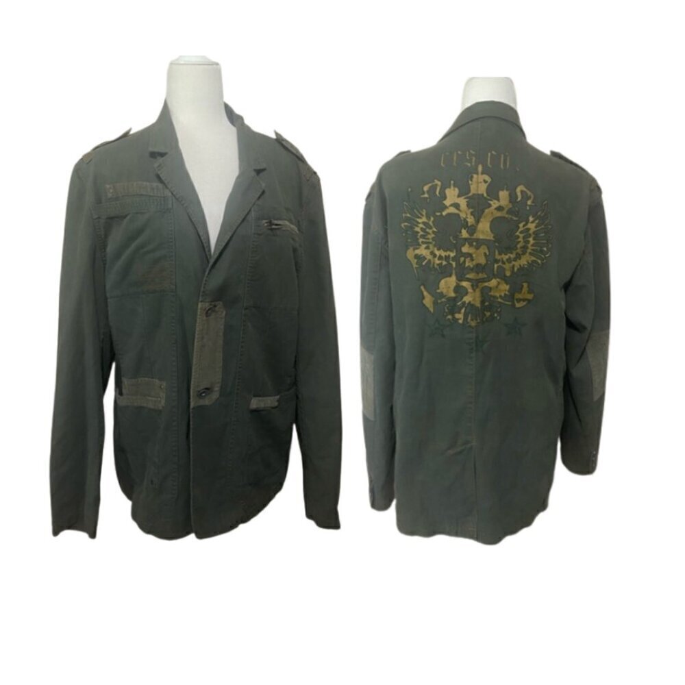 Cross Jeans EUC army green mixed material utility cargo jacket w/ artsy design